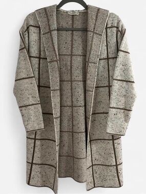 Retrology Speckled Windowpane Open Front Cardigan with Hood